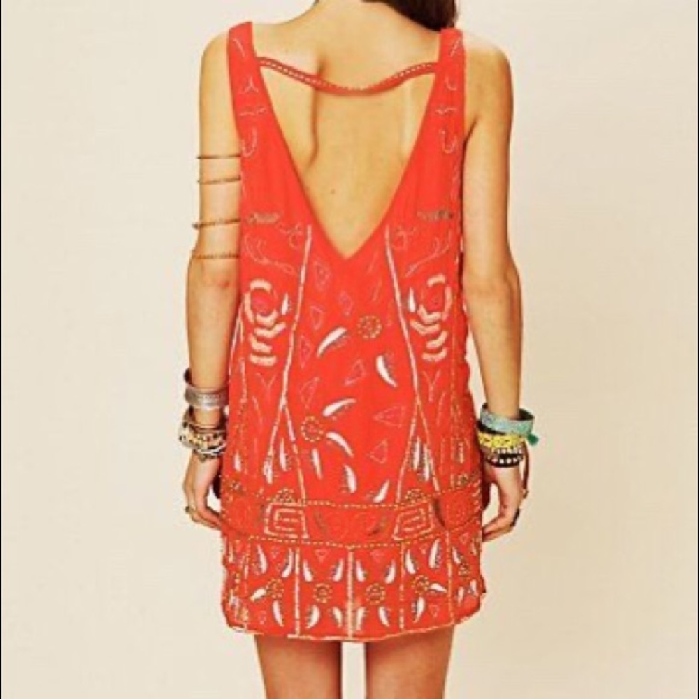 Free People | Embroidered Beaded Red Shift Dress - Picture 6 of 8